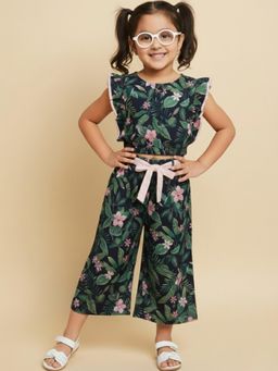 LITTLE GINNIE - Navy Blue Cotton Ruffled Sleeves Regular Top With Pant & Belt