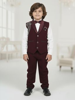 LITTLE GINNIE - Maroon Cotton Regular Waistcoat With Pant & Shirt