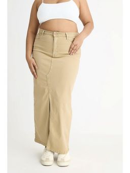 FREAKINS - Curve Denim Earthy Beige Slit Midi Skirt