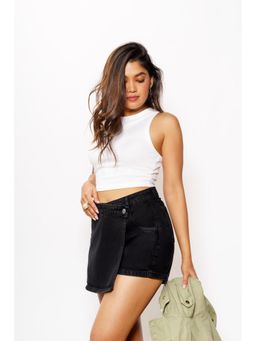 FREAKINS - Asymmetric Waist Charcoal Denim Skorts