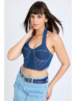 FREAKINS - Contrast Stitch Denim Halter Crop Top