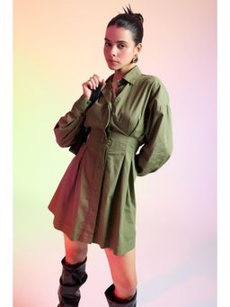 FREAKINS - Olive Green Cotton Shirt Mini Dress
