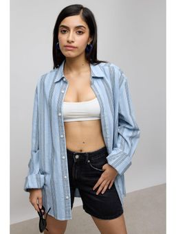 FREAKINS - Textured Knit Full Sleeves Women's Shirt- Blue/Black Stripes