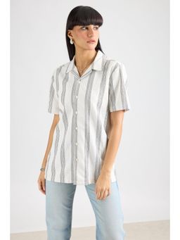 FREAKINS - Textured Knit Women's Shirt- White/Black Thick Stripe