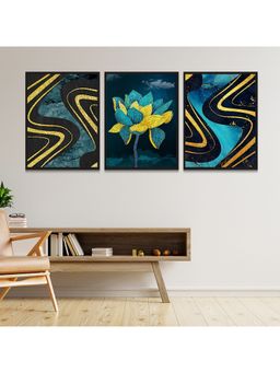 Dekorstation - 3D Wall Mount Frame Painting Golden Turquoise Flowers With Clouds Wall Paintings