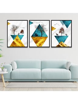 Dekorstation - 3D Wall Mount Frame Paintings For Wall Decor Turquoise Golden Deers Tree Art Print