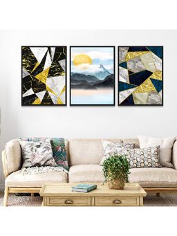 Dekorstation - 3D Wall Paintings Decor Marble With Golden Sun Mountains Paintings