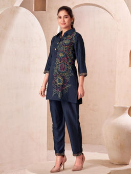 Autumnlane - Navy Blue Jaideep Hibis Embroidery Co-Ord (Set of 2)