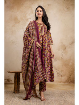 Stylum - Maroon Floral Printed Anarkali Kurta with Pant and Dupatta (Set of 3)