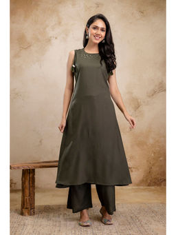 Stylum - Green Solid Rayon A-Line Kurta with Palazzo (Set of 2)