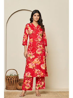 Autumnlane - Red Mika Slim Cotton Floral Printed Co-Ord (Set of 2)