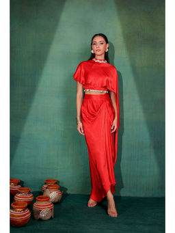 SEW - Ruby Red Satin Blouse with Cape and Skirt (Set of 3)