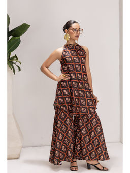 SEW - Brown Motif Print Halter Neck Kurti with Palazzo (Set of 2)