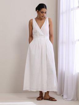 trueBrowns - White Slub Texture Sleeveless Wrap Dress
