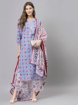 QOMN - Light Blue and White Floral Printed Kurta (Set of 3)