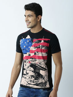 Huetrap - Mens Knitted Regular Fit Round Neck Short Sleeve Graphic Tee- Black