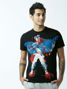 Huetrap - Mens Knitted Regular Fit Round Neck Short Sleeve Graphic Tee- Black