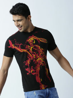 Huetrap - Mens Knitted Regular Fit Round Neck Short Sleeve Graphic Tee- Black