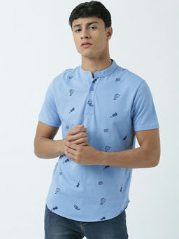 Huetrap - Mens Knitted Regular Fit Henley Neck Short Sleeve Printed Tee- Blue