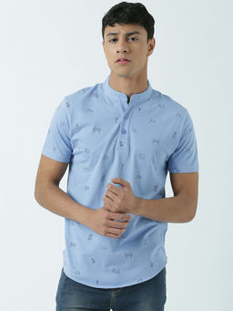 Huetrap - Mens Knitted Regular Fit Henley Neck Short Sleeve Printed Tee- Blue