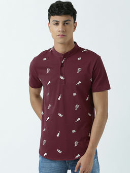 Huetrap - Mens Knitted Regular Fit Henley Neck Short Sleeve Printed Tee- Red