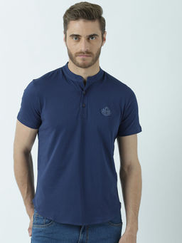 Huetrap - Mens Knitted Regular Fit Henley Neck Short Sleeve Solid Tee- Navy Blue