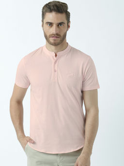 Huetrap - Mens Knitted Regular Fit Henley Neck Short Sleeve Solid Tee- Pink