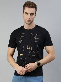 Huetrap - Mens Knitted Regular Fit Round Neck Short Sleeve Graphic Tee- Black