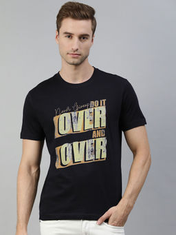 Huetrap - Mens Knitted Regular Fit Round Neck Short Sleeve Graphic Tee- Black