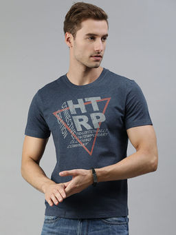 Huetrap - Mens Knitted Regular Fit Round Neck Short Sleeve Graphic Tee- Navy Blue