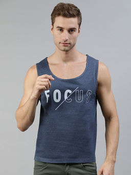 Huetrap - Mens Knitted Regular Fit Round Neck Sleeveless Graphic Tee- Navy Blue