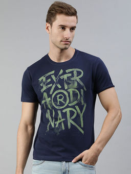 Huetrap - Mens Knitted Regular Fit Round Neck Short Sleeve Graphic Tee- Navy Blue