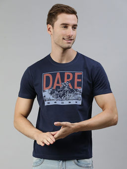 Huetrap - Mens Knitted Regular Fit Round Neck Short Sleeve Graphic Tee- Blue