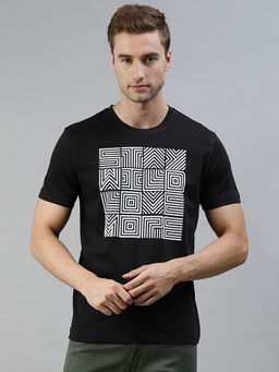 Huetrap - Mens Knitted Regular Fit Round Neck Short Sleeve Graphic Tee- Black
