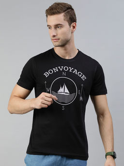 Huetrap - Mens Knitted Regular Fit Round Neck Short Sleeve Graphic Tee- Black