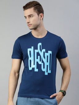 Huetrap - Mens Knitted Regular Fit Round Neck Short Sleeve Graphic Tee- Blue