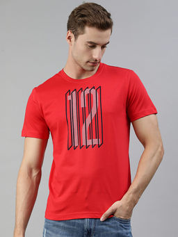 Huetrap - Mens Knitted Regular Fit Round Neck Short Sleeve Graphic Tee- Red