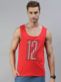 Huetrap - Mens Knitted Regular Fit Round Neck Sleeveless Graphic Tee- Red