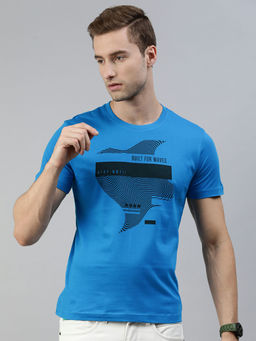 Huetrap - Mens Knitted Regular Fit Round Neck Short Sleeve Graphic Tee- Blue