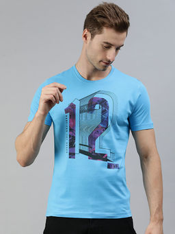 Huetrap - Mens Knitted Regular Fit Round Neck Short Sleeve Graphic Tee- Turquoise Blue