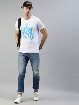 Huetrap - Mens Knitted Regular Fit Round Neck Short Sleeve Graphic Tee- White