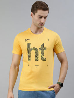 Huetrap - Mens Knitted Regular Fit Round Neck Short Sleeve Graphic Tee- Yellow