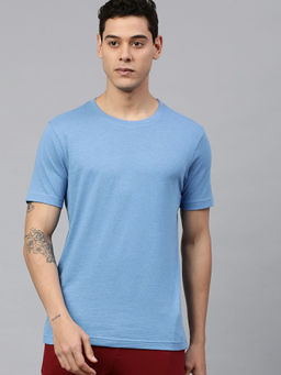 Huetrap - Mens Knitted Regular Fit Round Neck Short Sleeve Solid Tee- Blue