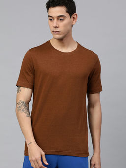 Huetrap - Mens Knitted Regular Fit Round Neck Short Sleeve Solid Tee- Brown