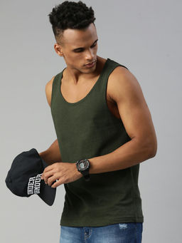 Huetrap - Mens Knitted Regular Fit Round Neck Sleeveless Solid Tee- Olive