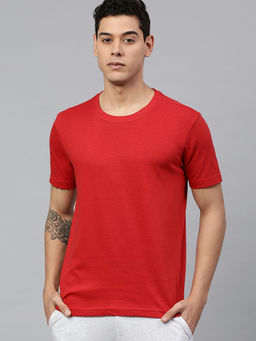 Huetrap - Mens Knitted Regular Fit Round Neck Short Sleeve Solid Tee- Red