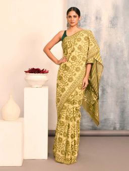 Indethnic - Green Floral Printed Saree with Unstitched Blouse
