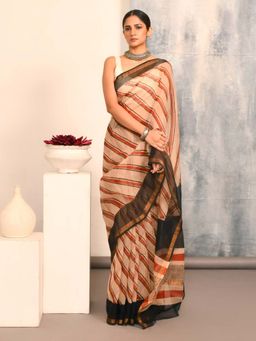 Indethnic - Multi-Color Stripes Printed Saree with Unstitched Blouse