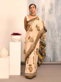 Indethnic - Beige Floral Printed Saree with Unstitched Blouse