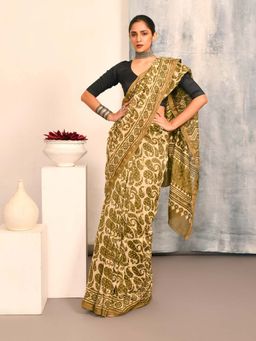 Indethnic - Multi-Color Paisley Printed Saree with Unstitched Blouse